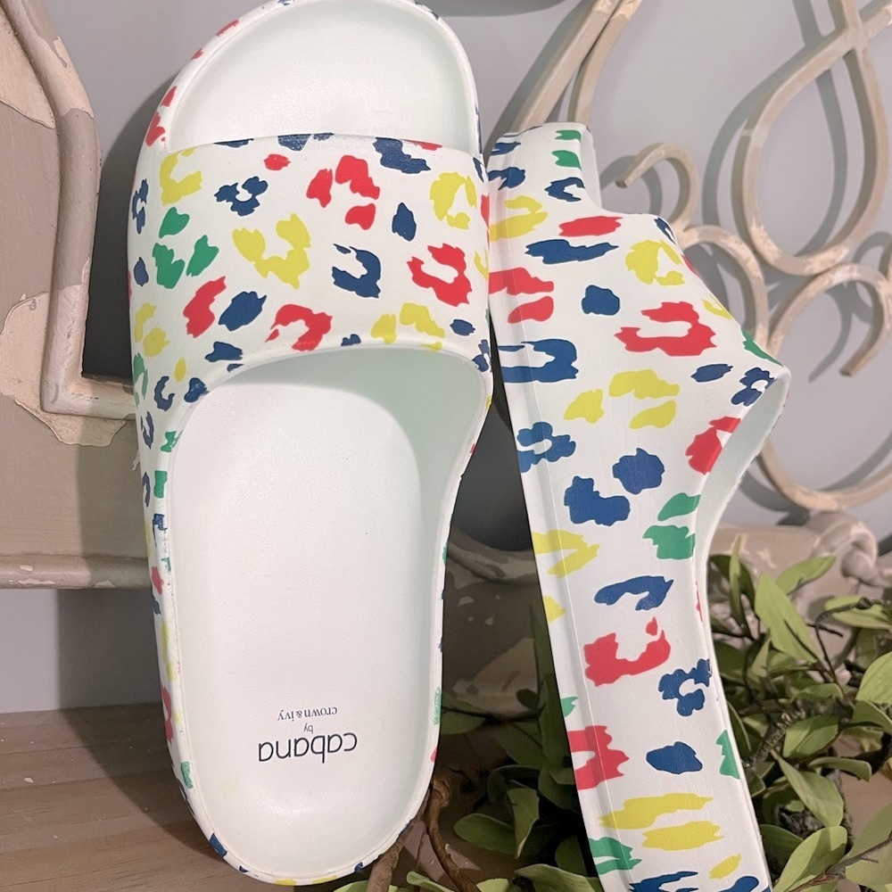 White with Colorful Print Trendy Beach Shoes Comfy Bali Platform Slides